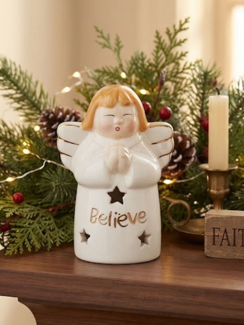 CHRISTMAS Angel Tea Light ‘Believe in Miracles’ Gold Writing